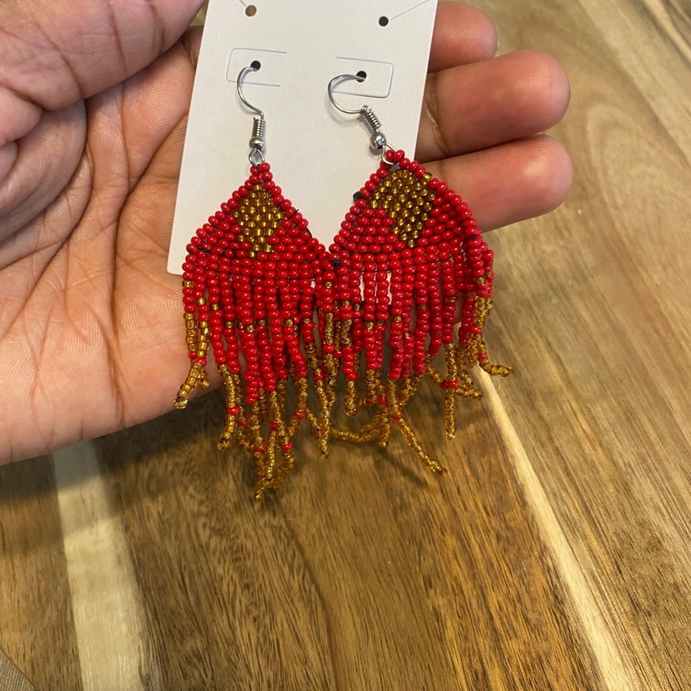 Vibrant Red and Gold Beaded Fringe Earrings